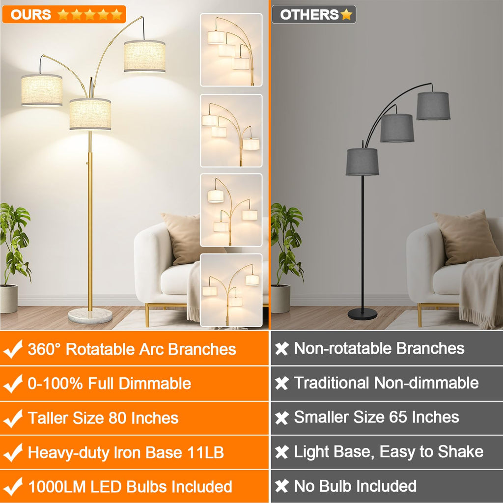 Dimmable Floor Lamp - 3 Lights Gold Arc Floor Lamps for Living Room, 1000LM Modern Tall Standing Lamp with White Shade&Marble Base, Mid Century Tree Floor Lamp for Bedroom Office, 3 LED Bulbs Included