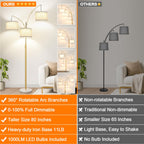 Dimmable Floor Lamp - 3 Lights Gold Arc Floor Lamps for Living Room, 1000LM Modern Tall Standing Lamp with White Shade&Marble Base, Mid Century Tree Floor Lamp for Bedroom Office, 3 LED Bulbs Included
