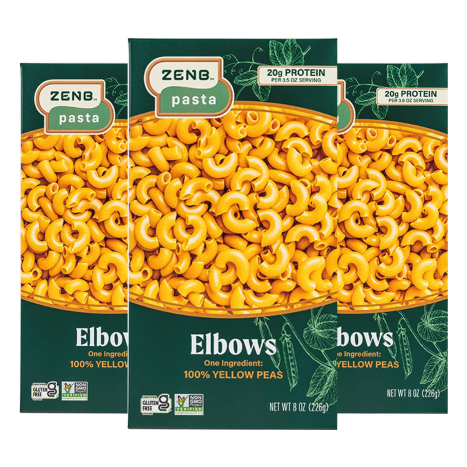 ZENB Plant Based Elbow Pasta - Made From 100% Yellow Peas, Gluten Free, Non-GMO & Vegan, 20g of Protein & 12g of Fiber In Every Serving - (Pack of 3)