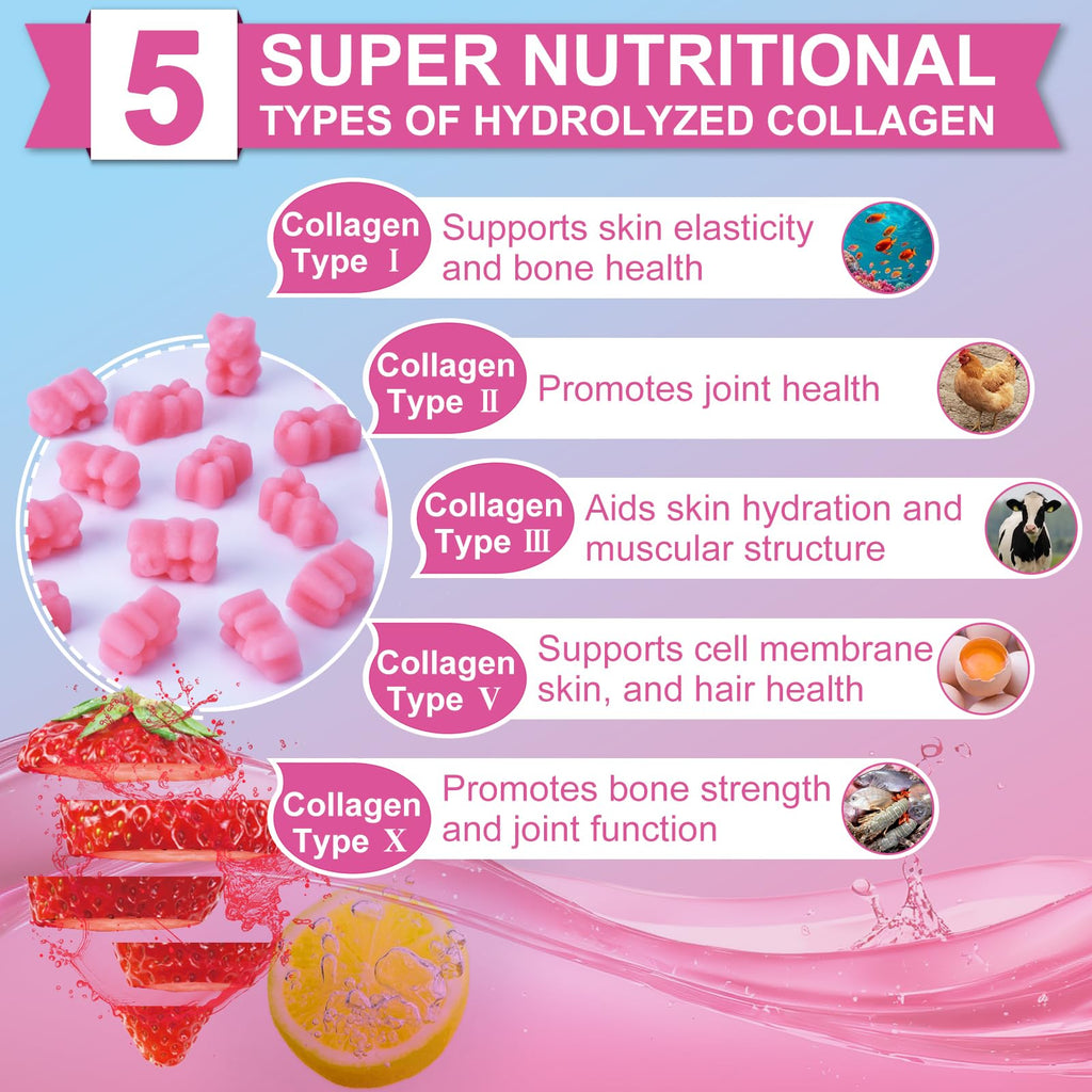 Nature's live Multi Collagen Peptides Gummies, Type I, II, III, V, X - Hydrolyzed Collagen Peptides with Biotin, Hyaluronic Acid, Supports Healthy Skin, Strong Nails & Thick Hair, 60 Count, 2 Pack
