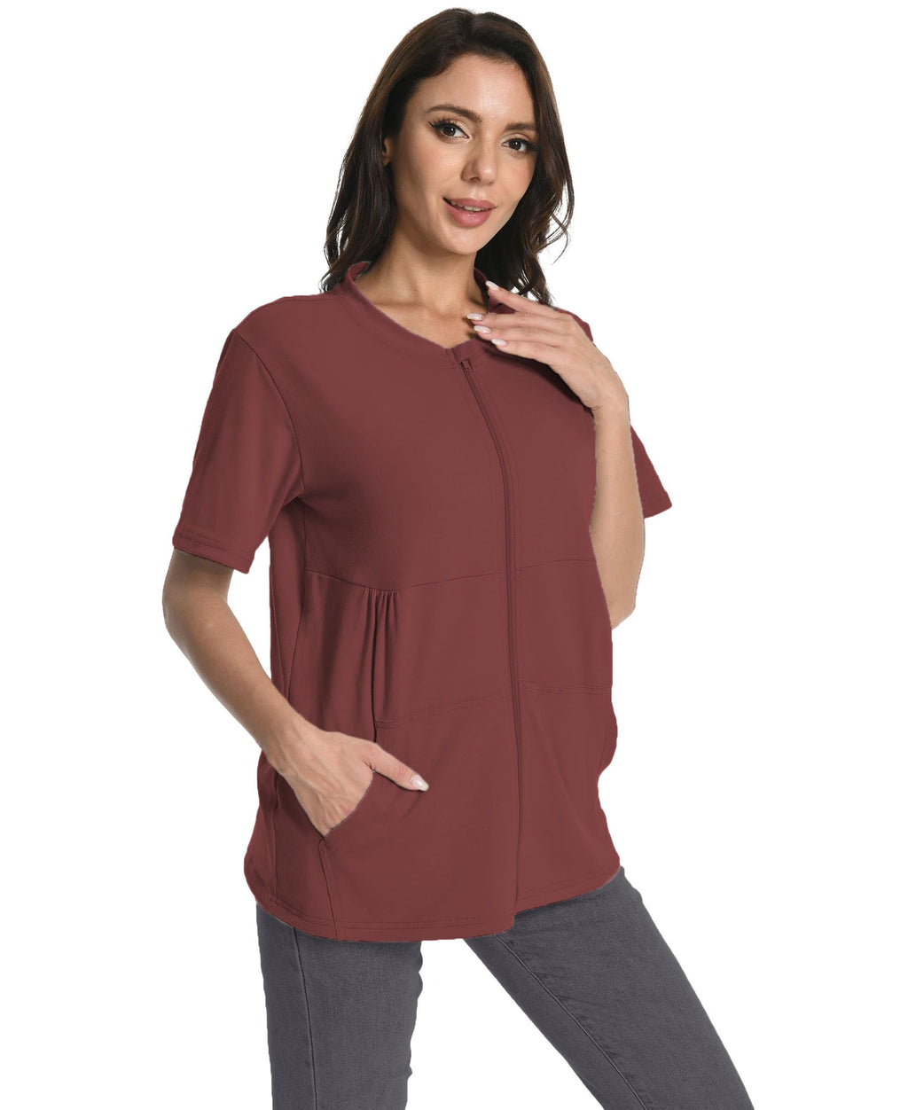 Mastectomy Shirt with Drain Pockets Breast Mastectomy Recovery Supplies Nephrostomy Drain Bag Tummy Tuck Must Haves Clothing Comfy Post OP Camisoles After Mastectomy Short Sleeve Shirts Wine Red