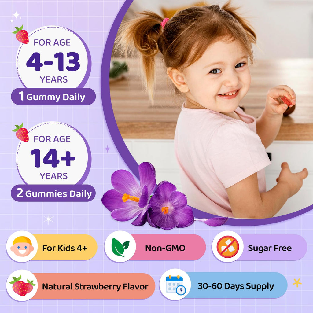 Saffron Gummies for Kids & Adults, 20-in-1 Saffron Supplements with 88.5mg Saffron Extract, B6, B12, C, D3, Magnesium for Calm, Focus, Nerve, Sugar Free, Vegan, Non-GMO - Strawberry Flavor, 60 Counts