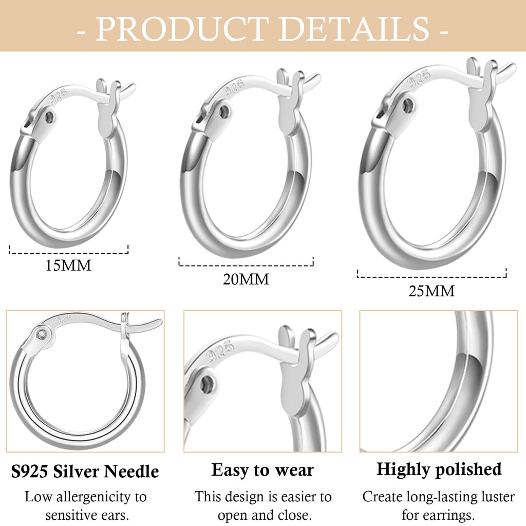 3 Pairs Sterling Silver Hoop Earrings Small Hoops for Women 15/20/25mm