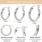 3 Pairs Sterling Silver Hoop Earrings Small Hoops for Women 15/20/25mm