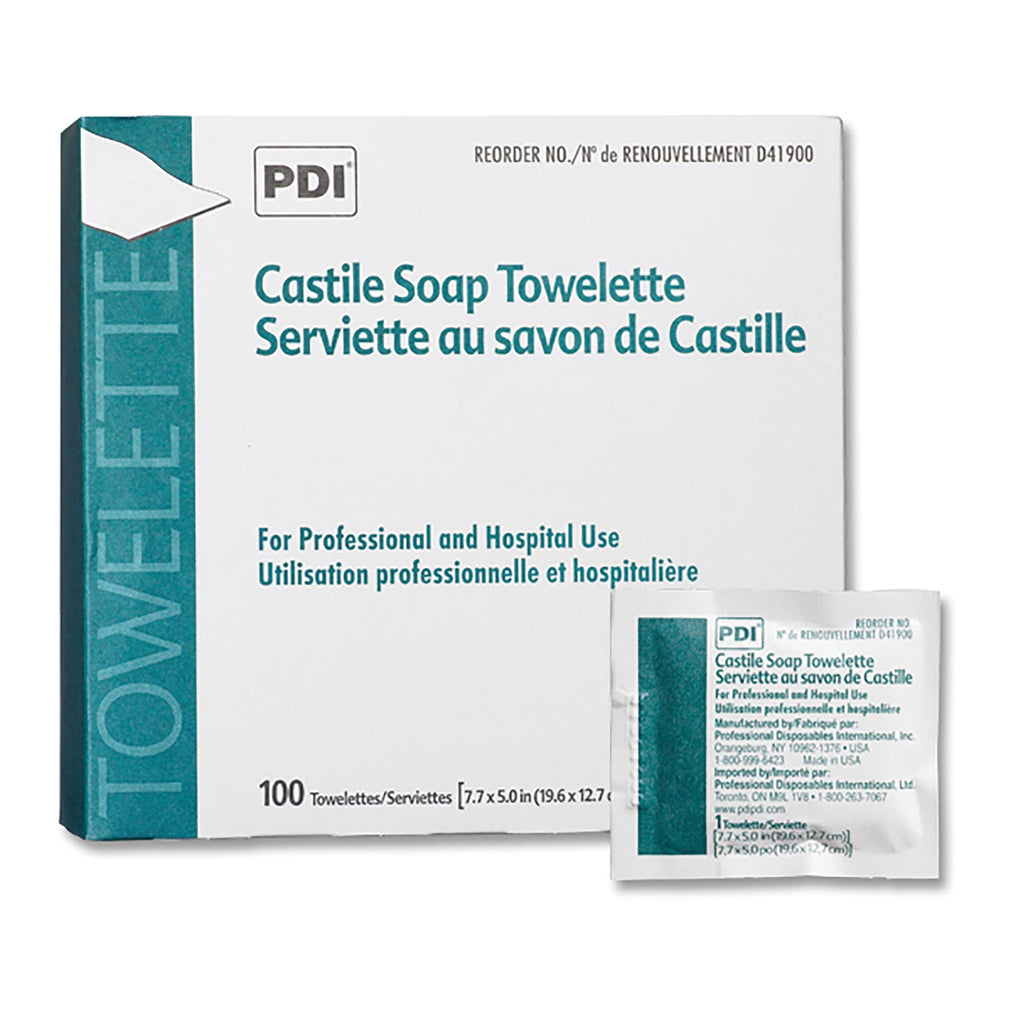 PDI Castile Soap Towelette - Premoistened Facial Cleansing Wipe with Coconut Oil, Great for Travel - Individual Packet, 7.7 in. x 5in., 100 Count, 3 Packs, 300 Total