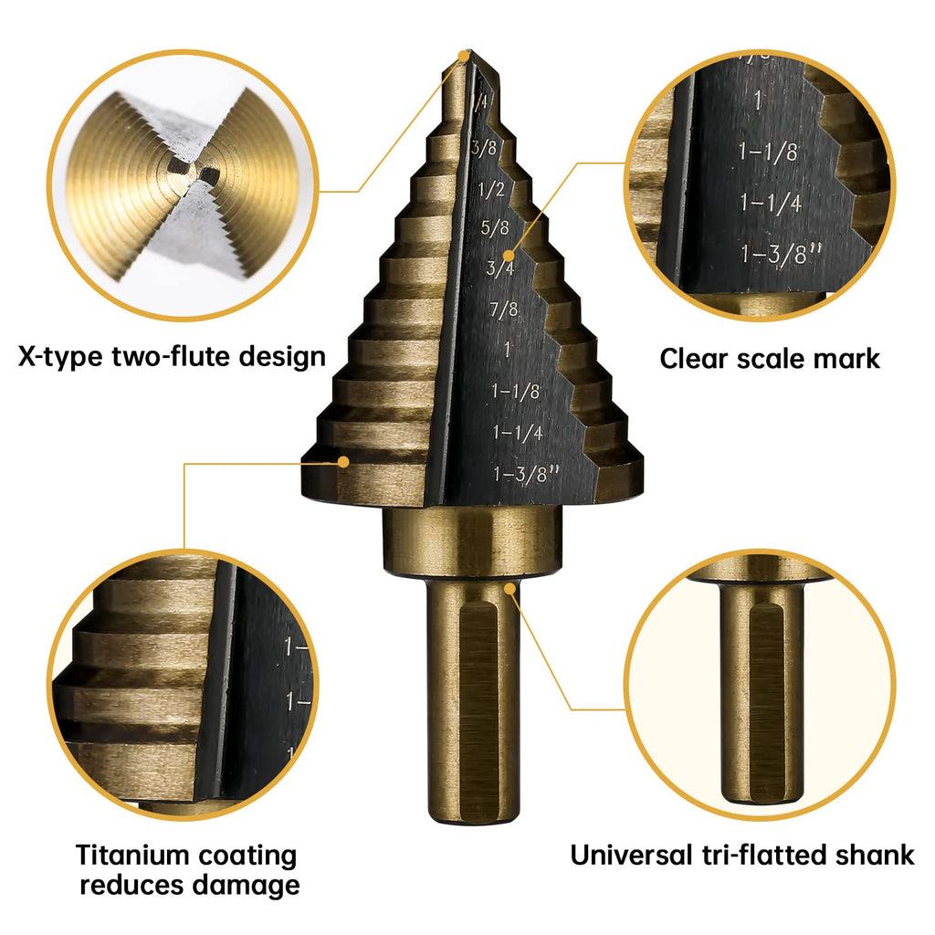 IRONANT 5PCS HSS Titanium Step Drill Bit Set for Metal Unibit