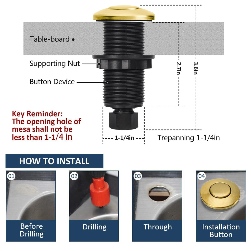 Garbage Disposal Air Switch Kit Single Outlet Sink Top Waste Disposal Long Stainless Steel Brushed Gold On/Off Air Button Food and Waste Disposals Part by Etoolcity