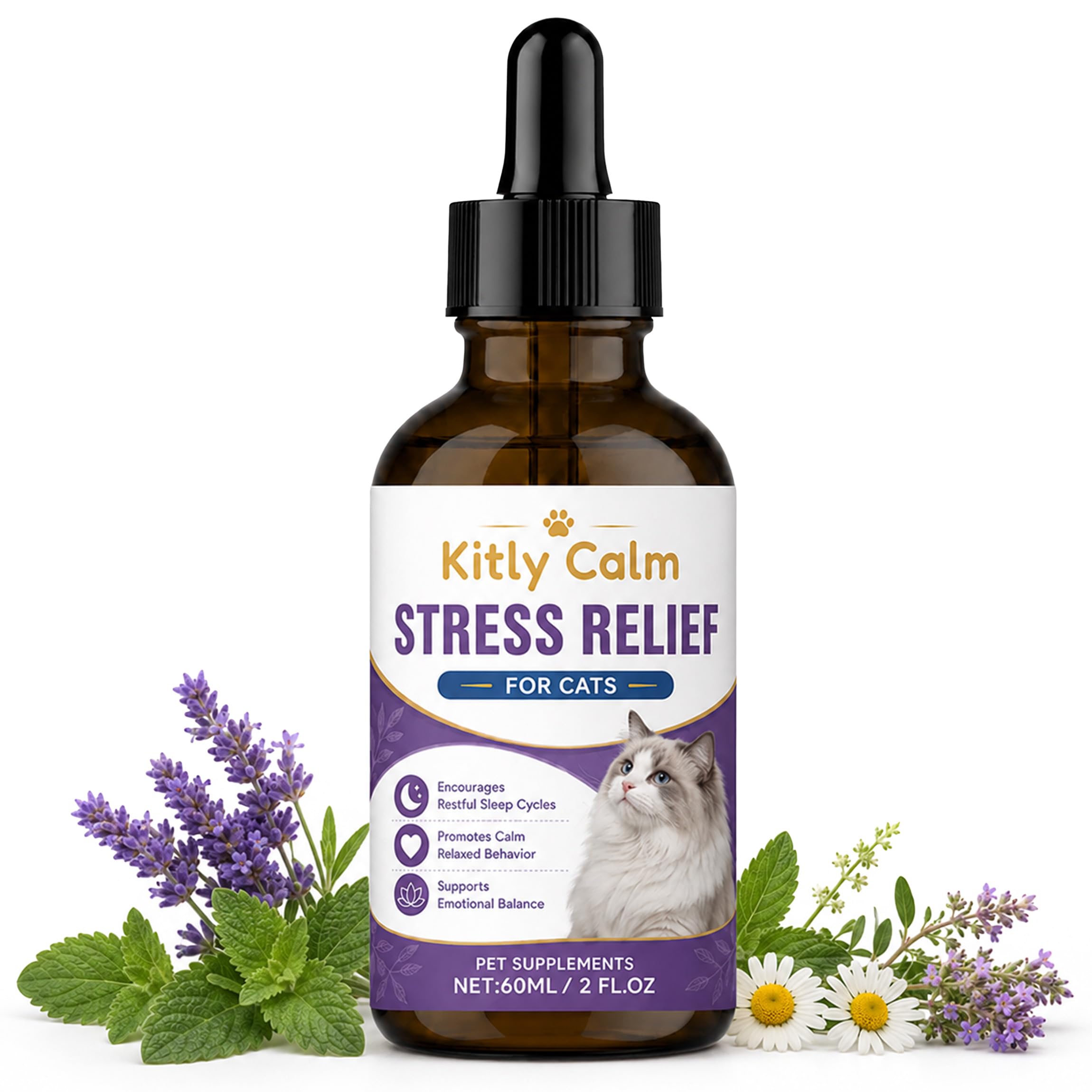 Kitly Calm Cat Calming Drops for Cats, with Valerian, Ashwagandha, L-Theanine, Helps to Manage Stress & Anxiety, Improving Sleep Quality, Help Curb Destructive Behavior, Rapid Absorption, 2floz