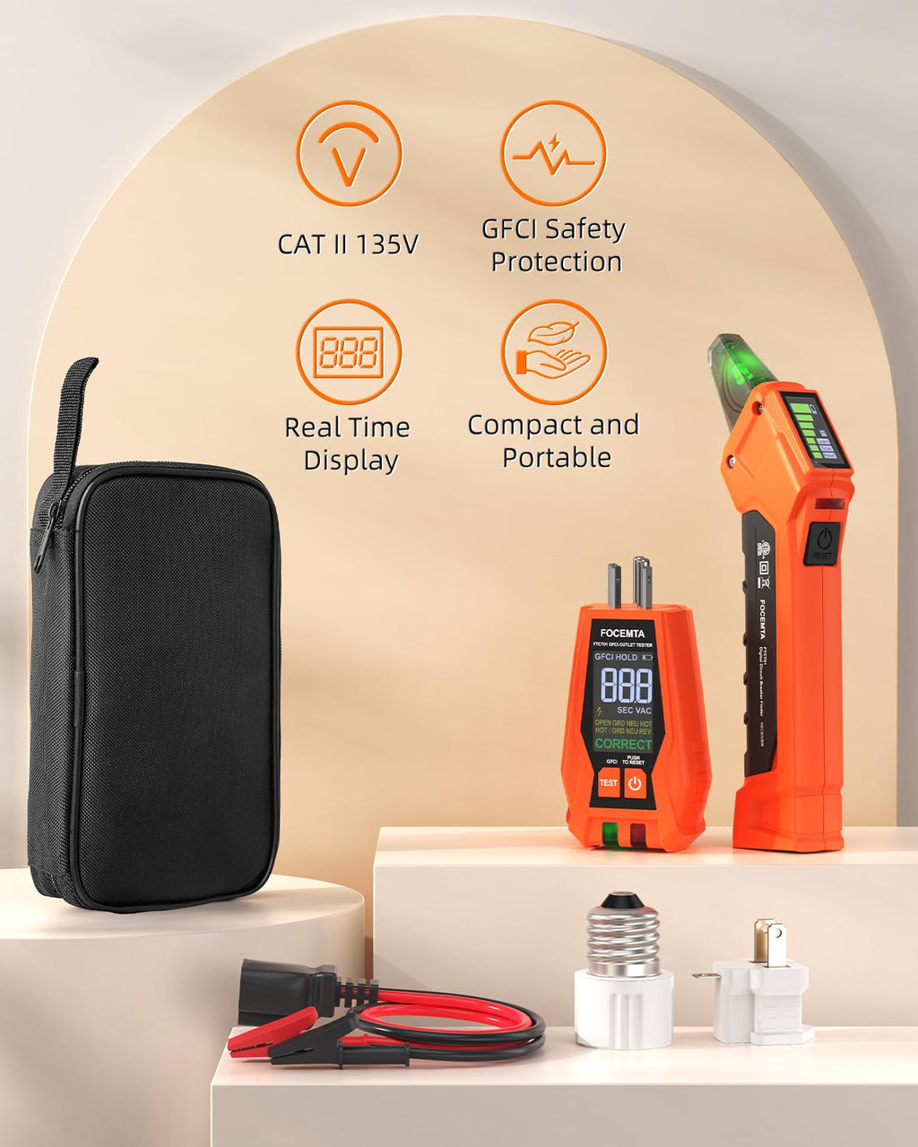 FOCEMTA Circuit Breaker Finder Kit with GFCI Outlet Tester for 90-135V AC Circuits,includes Light Socket Adapter, 3-2 Prong Grounding Adapter & Clip adapter,Portable Electrical Tool with Carrying Case