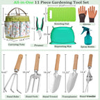 Garden Tool Set 11-Piece Heavy Duty Gardening Hand Tools - Rust-Resistant Stainless Steel with Durable Stylish Garden Tools Organizer Tote Bag, Perfect Gardening Gift for Women, Mom & Garden Lovers