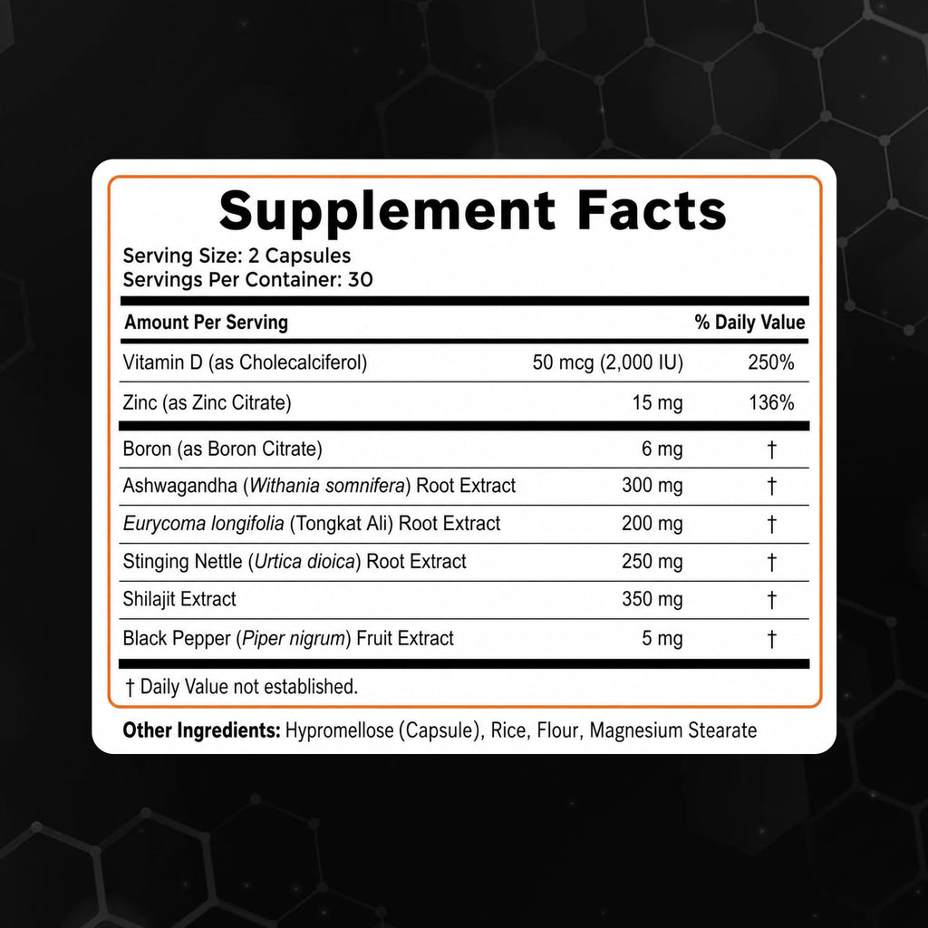 Nutesta Men's Support Supplement - Ashwagandha, Zinc, Boron, Tongkat Ali Root, Stinging Nettle, Black Pepper & Shilajit Gum - 60 Capsules