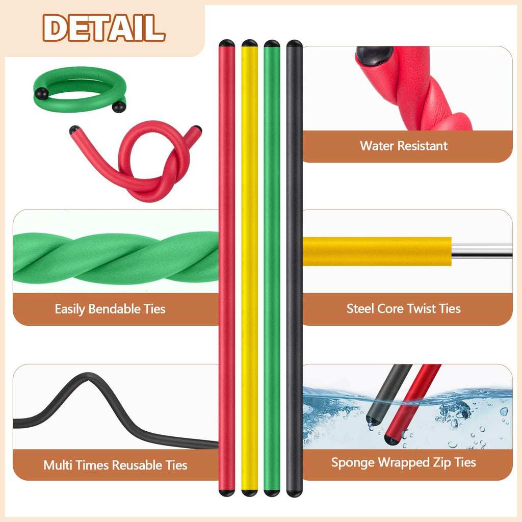 Ninehaoou 20 Pcs 17 Inch EVA Foam Twist Rubber Ties Reusable Bendable Cable Tie Straps Flexible Heavy Duty Twisty Ties for Organizing Cords Bundling (Red,Yellow,Green,Black)