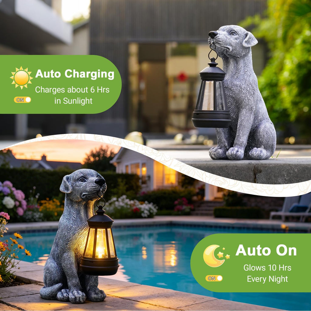 Goodeco Dog Statue with Solar Lantern - Cute Garden Dog Figurines