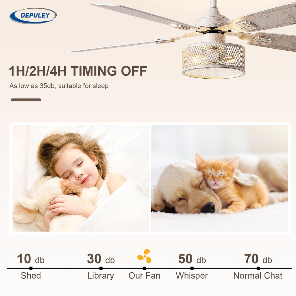 Depuley 52in Ceiling Fans with Lights: 2 Pack White Gold Caged Ceiling Fan with Remote - Farmhouse Ceiling Fan with Dual Finish 5 Blades for Living Room 6 Speeds Timer Reversible E26 Bulbs Included