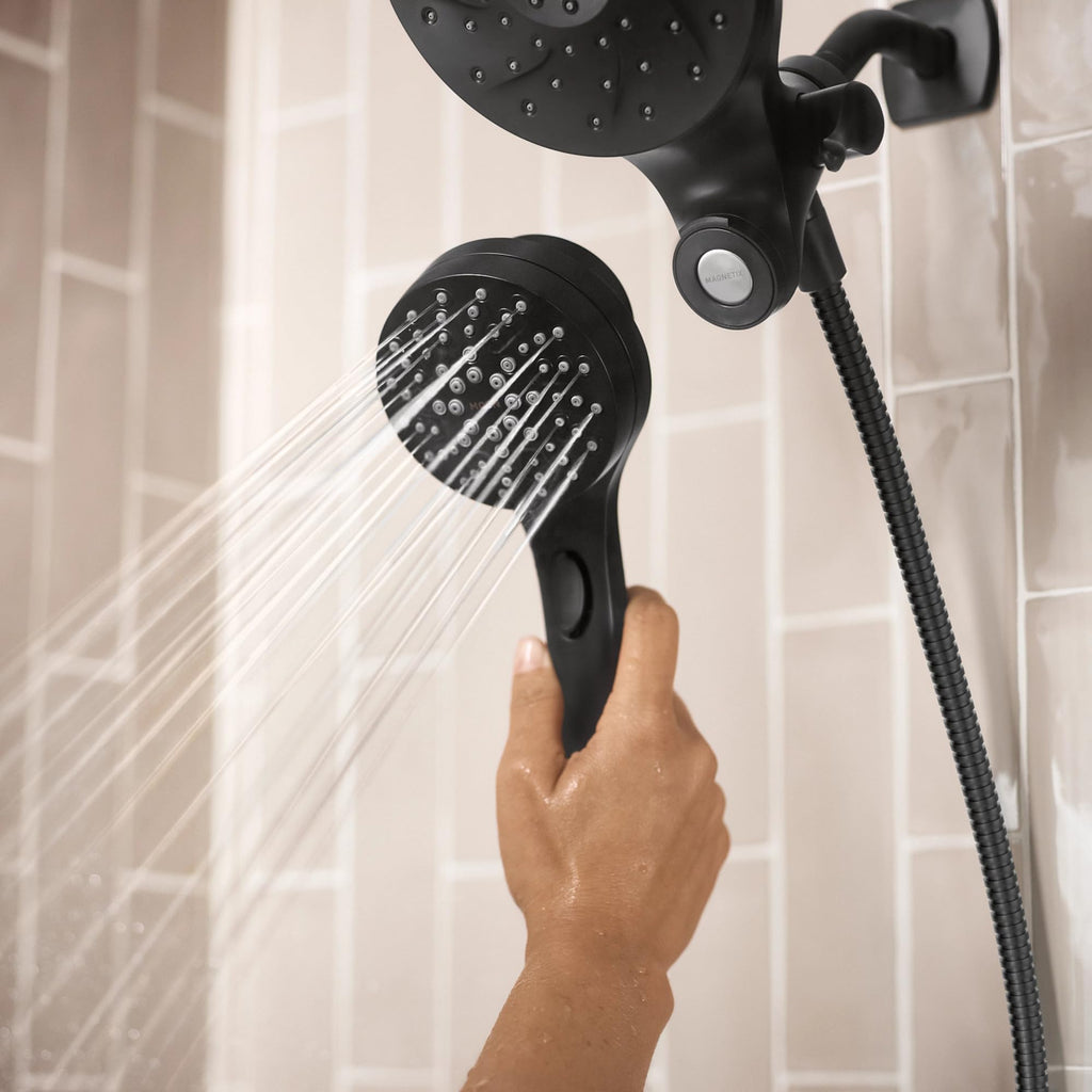 Moen Engage Magnetix Matte Black Multi-Function Handshower and Rainfall Shower Head Trim Combo with Shower Handle, Tub Spout, Metal Hose, and Valve, 82304BL