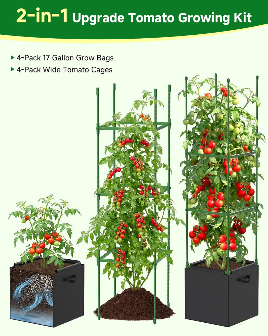 MQJIAZHI 4 Pack Square Tomato Trellis Cages 55 Inch Height, with 17 Gallon Square Grow Bags (12×12in), Heavy Duty Tomato Plant Support Stakes for Outdoor Garden Climbing Vegetables Fruits Flowers