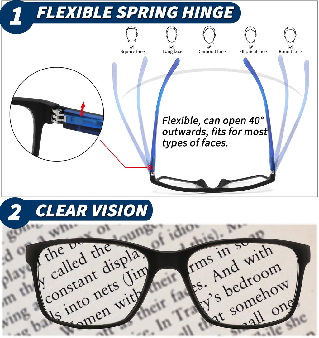 JJWELL 3 Pack Reading Glasses for Men Blue Light Blocking with Spring Hinge, Anti Eyestrain/Dryness/UV Large Wide Square Readers for Men, Two Tone Computer Reader Glasses Eyeglass(1.5 Strength)
