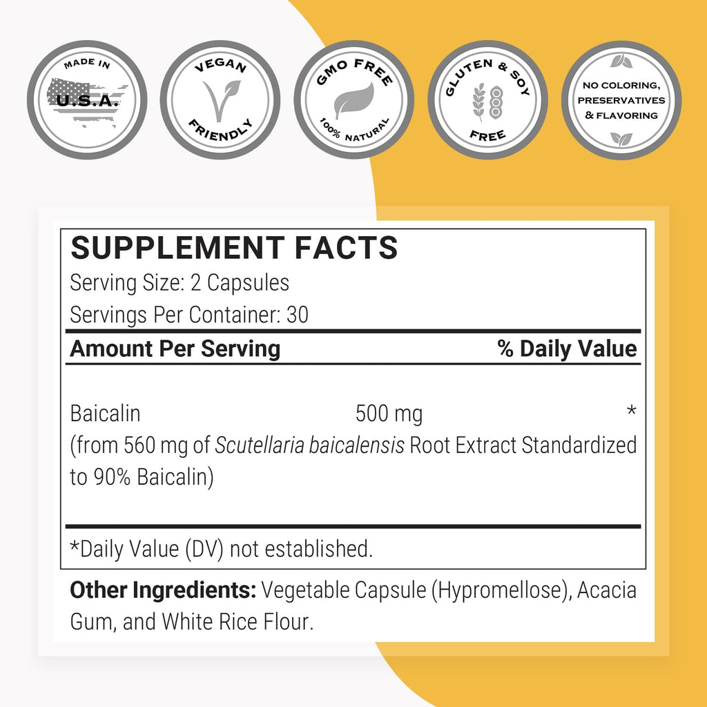 Supersmart - 90% Baicalin 500mg per Day (Scutellaria Baicalensis) - Chinese Skullcap Extract Supplement | Non-GMO & Gluten Free - 60 Vegetarian Capsules