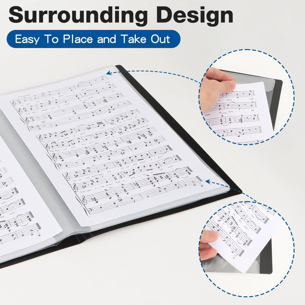 Sheet Music Folder 4 Pages Expand Piano Sheet Music Binder 30 Sleeves 60 Pages A4 Size Black Double Side Writable Choir Folder for Marching Band Piano Fits Letter Size (8.5x11in/216mmx279mm)
