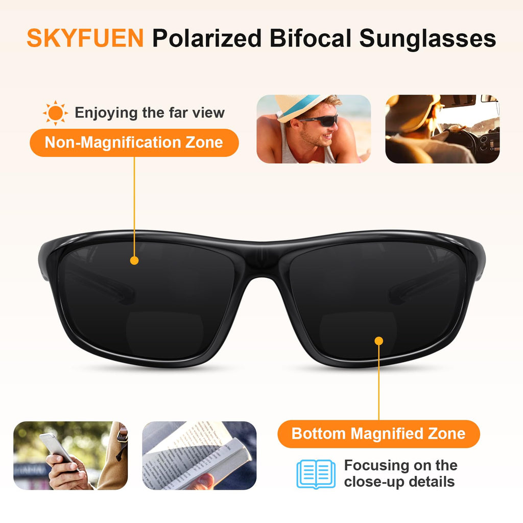SKYFUEN Bifocal Polarized Sunglasses Men, Anti glare/UV TR90 Wrap Sports Sun Readers Reading Glasses Fishing Driving Outdoor Far/Near Tinted Bi-Focal Build-in Vintage Eyeglasses, 2.0