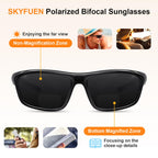 SKYFUEN Bifocal Polarized Sunglasses Men, Anti glare/UV TR90 Wrap Sports Sun Readers Reading Glasses Fishing Driving Outdoor Far/Near Tinted Bi-Focal Build-in Vintage Eyeglasses, 2.0