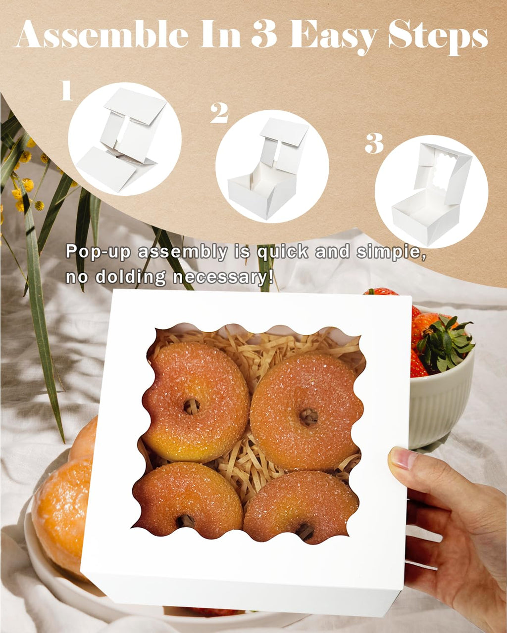 qiqee Auto-pop up 6x6x3 Inch White Cookie Box with Window 30Pcs Pastry Macaron Bakery Box For Packaging