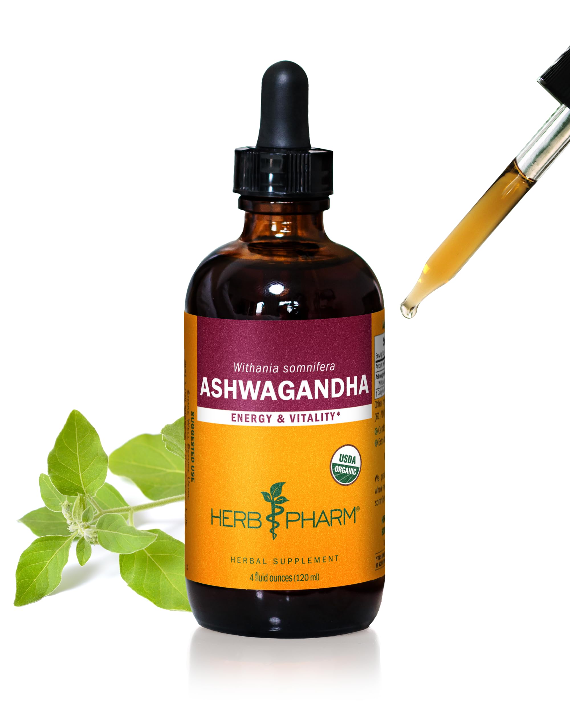 Herb Pharm Certified Organic Ashwagandha Extract for Energy and Vitality, Organic Cane Alcohol, 4 Ounce