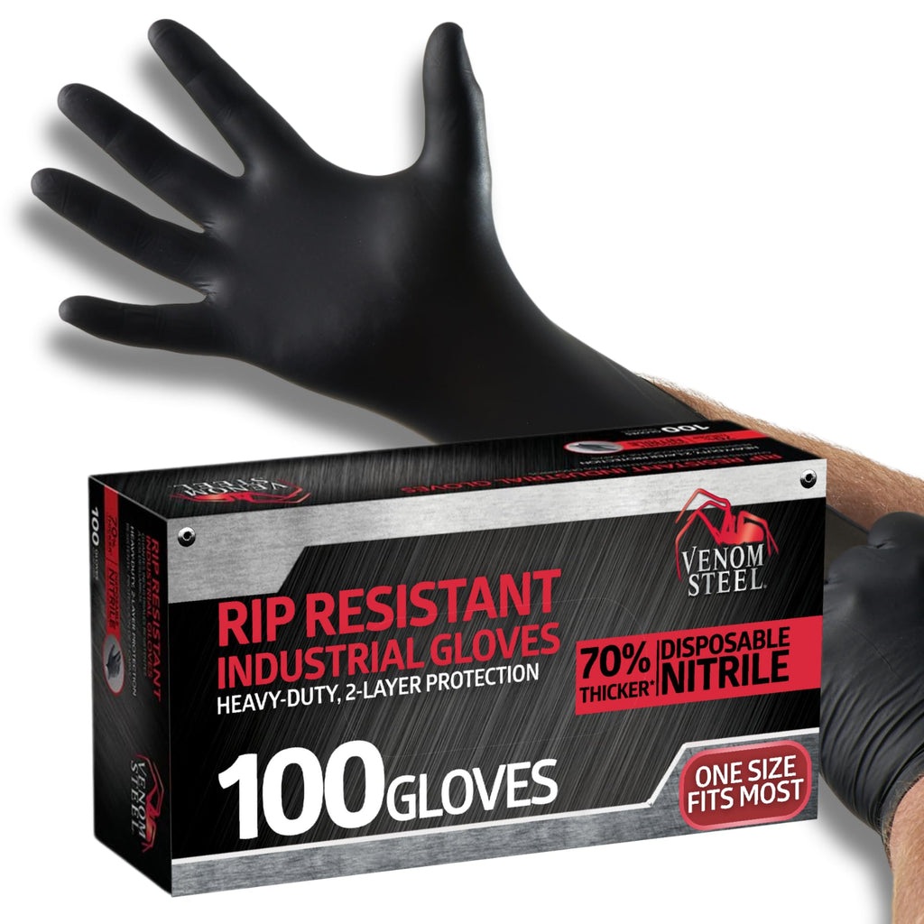 Venom Steel Industrial Nitrile Gloves, 6 mil, 2 Layer Rip Resistant, One Size Fits Most, 100 Count