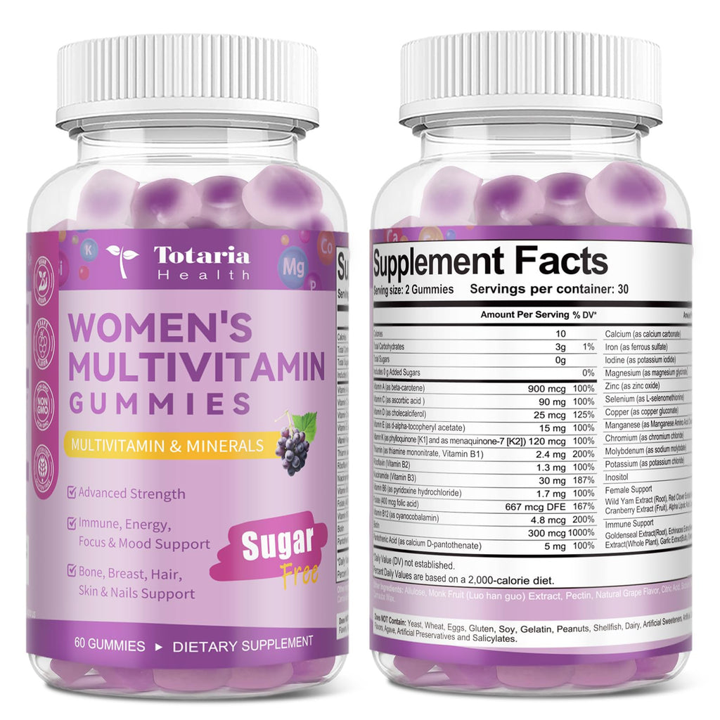 Totaria Sugar Free Multivitamin Gummies for Women 14+ w/Iron, Inositol, Folate, Biotin, Womens Daily Multivitamin Gummy w/Vitamin A, C, B, D3, K2, for Hair, Skin, Energy, Immune, Grape Flavor