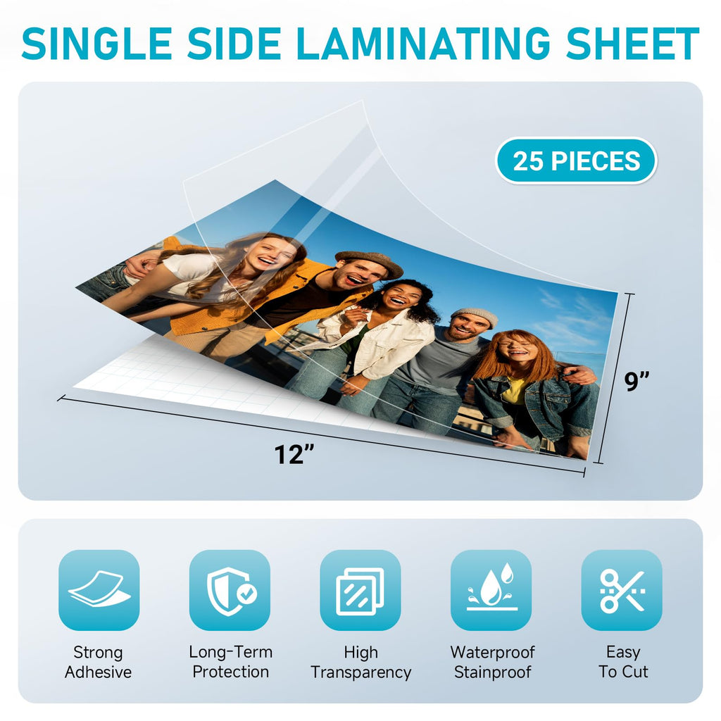 Self Adhesive Laminating Sheets 25 Pack, 9x12'', No Heat Laminating Sheets