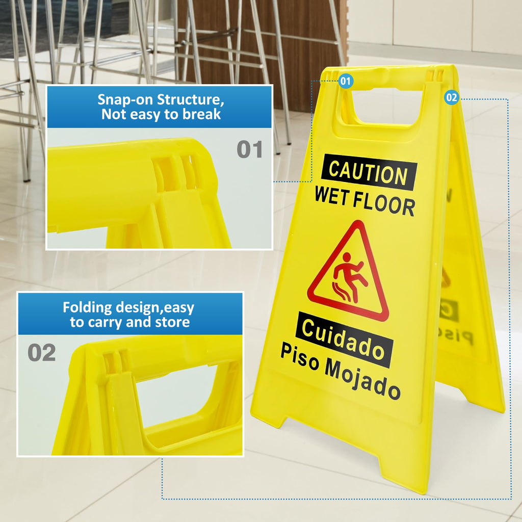 4-Pack Caution Wet Floor Sign, 17.5" Height, Bright Yellow, Double-Sided A-Shaped Frame Design, Foldable Compliant Safety Signs for public places such as restaurants, bathrooms, and offices