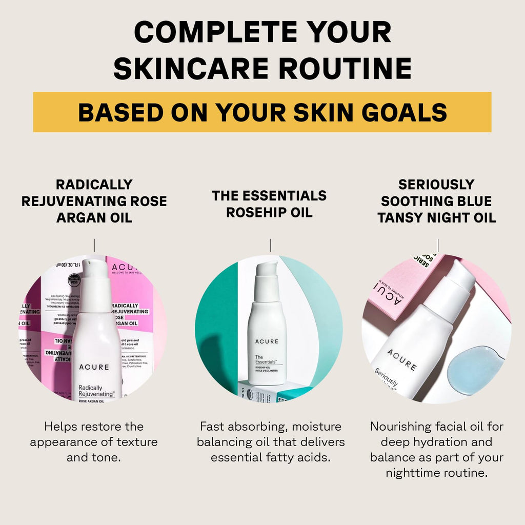 Acure Seriously Soothing Tansy Night Rose Oil - Soothes, Deep Hydrate & Moisturize Dry, Acne Prone, Sensitive Skin - Antioxidant Night Cream Serum Oil Blend with Blue Tansy & Rose - 100% Vegan, 1 oz
