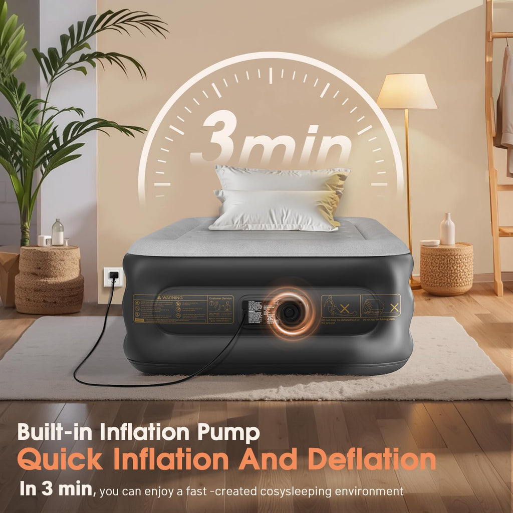 VOSSER Twin Air Mattress with Built in Pump,18''Inflatable Mattress 2 Mins Self-Inflation/Deflation,XL-Long Blow up Mattress Thicker,Flocked Top Air Bed with Storage Bag for Home, Camping & Guests