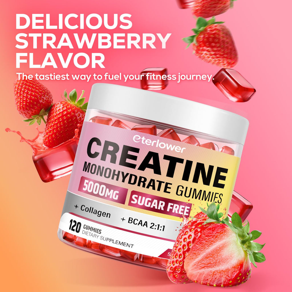 eterlower Creatine Monohydrate Gummies, 5g Creatine Gummies for Women & Men.Pre-Workout & Muscle Growth Support, Contains BCAA, Collagen, Sugar-Free, 120 Count