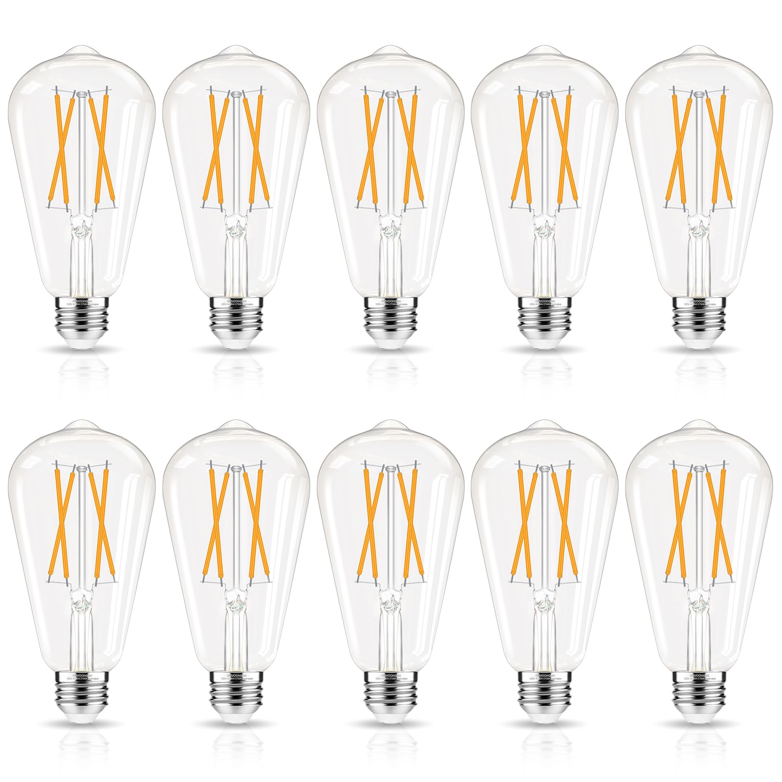 GvvooHome LED Edison Bulbs Dimmable, E26 Bulb 60 watt Equivalent, Soft White 2700K, ST58 Vintage Light Bulbs, 90+ CRI, 6W 600LM, E26 Medium Base, Clear Glass, 10 Pack