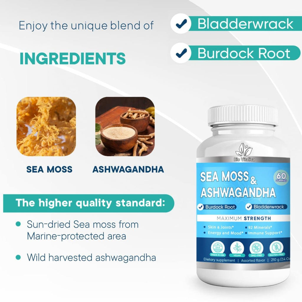 BIO VITALICA Sea Moss Ashwagandha Gummies - Organic Irish Sea Moss Blended with Burdock Root & Bladderwrack - Natural Energy & Calm Support for Adults - 5 Packs