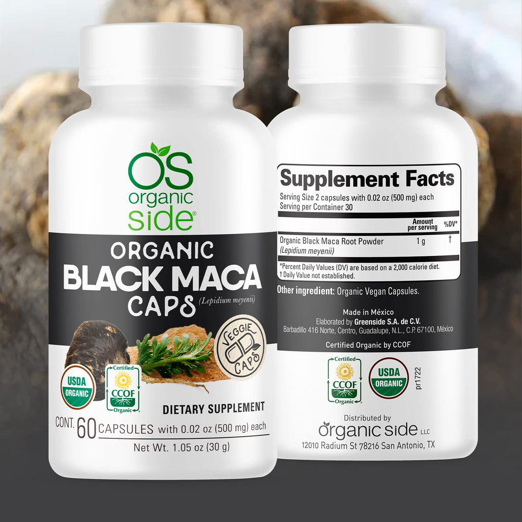 OS Organic Side | Organic Black Maca 60 Capsules | Natural Supplement with Black Maca Root Powder | Plant-Based Capsules for Energy, Vitality, and Hormonal Balance