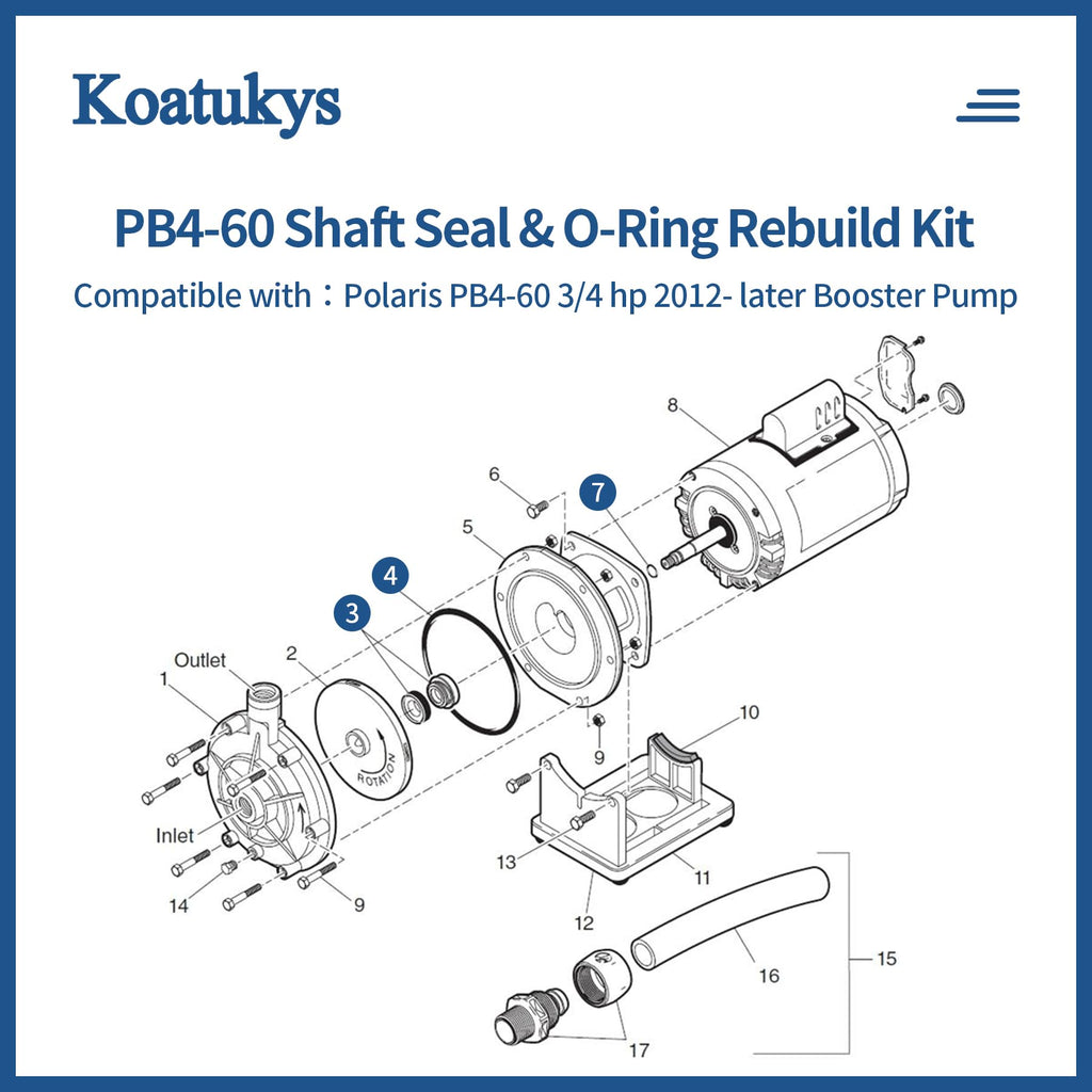 Koatukys PB4-60 Booster Pump Shaft Seal & O-Ring Rebuild Kit Replacement for Polaris 3/4 hp 2012- Later Pool Pump