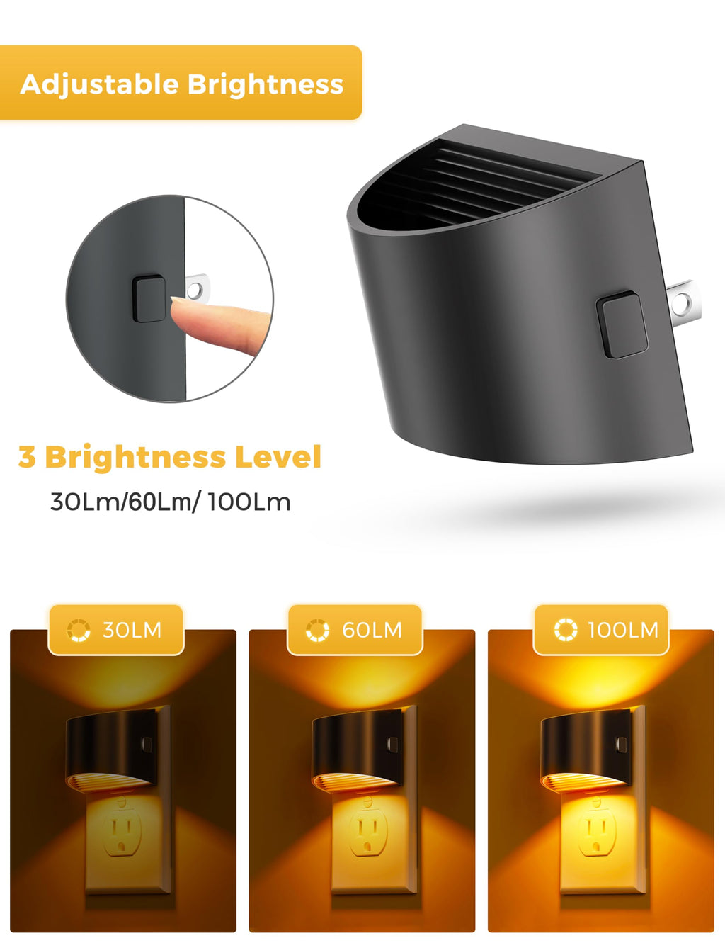 L LOHAS LED Night Light 2 Pack, Night Lights Plug into Wall, Dusk to Dawn Sensor Nightlight, 3 Level Brightness Adjustable, 1600K Amber Light, Mood Lighting
