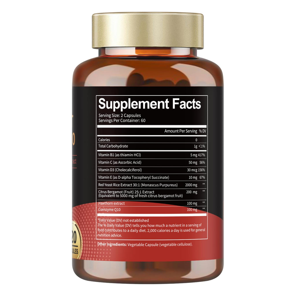 Red Yeast Rice 2,000mg with CoQ10 Supplement - Citrinin Free Extract Red Yeast Rice Capsules with CoQ10 100 Plus Citrus Bergamot - Cholesterol Lowering Supplements 3rd-Party Tested Vegan Non-GMO
