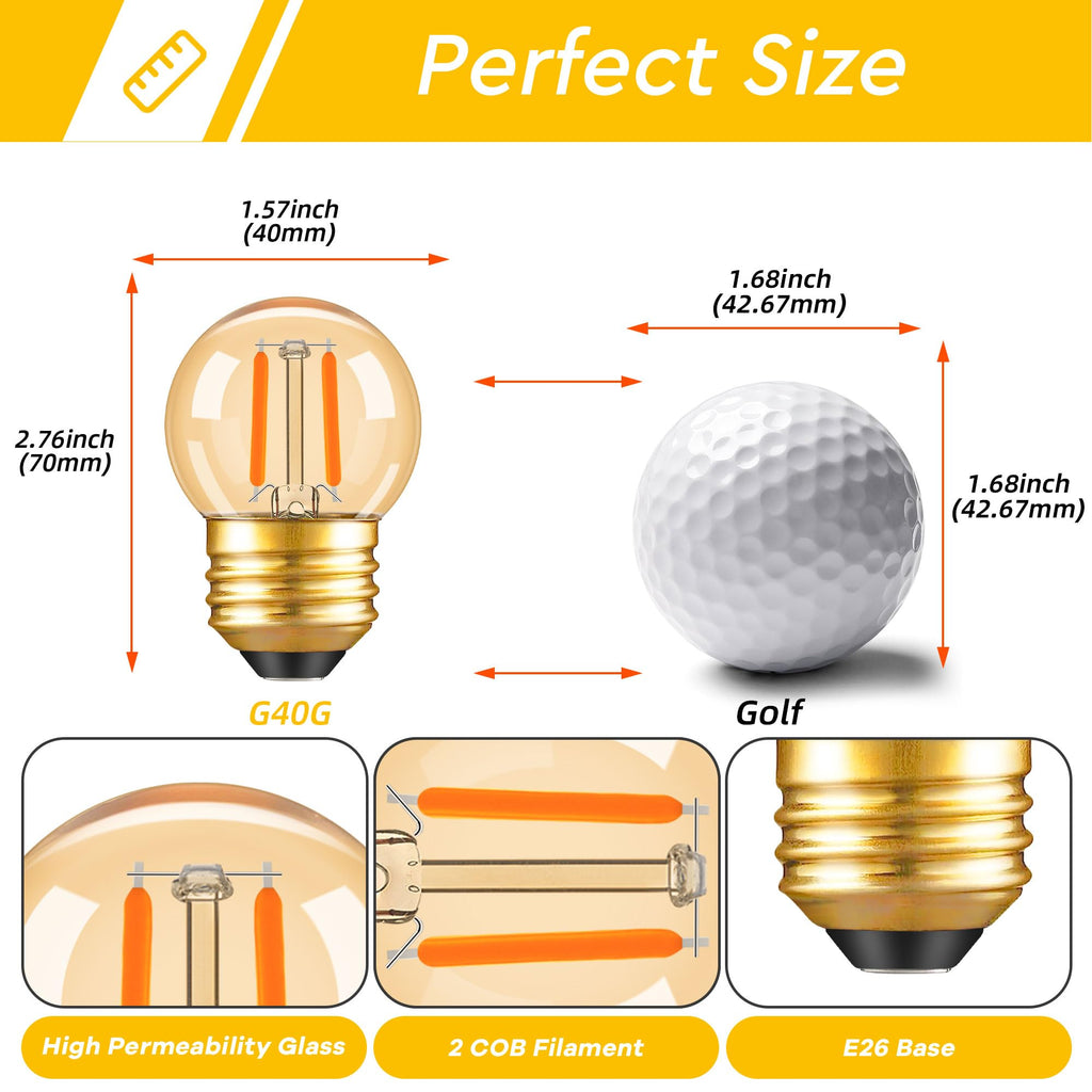 PADMO LUDAZ G40 LED Low Watt Light Bulbs Warm Glow E26 Amber 1W 10 Watt Light Bulb,Low Lumen Light Bulb Small Edison Short Dim Light Bulbs for Lamp,Bedroom (Amber 2200K, 6 Count)