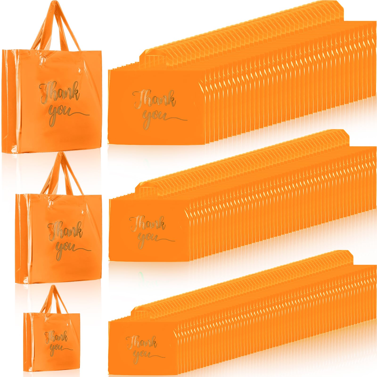 Teling 200 Pcs Thanks Bags with Handle Bulk Thank You Merchandise Bags 3 Size Plastic Packet Retail Shopping Package for Boutique 9 x 12'', 12 x 15'', 15 x 18''(Orange)