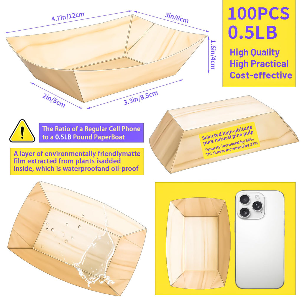 MotBach 200 Pack Wood Grain 1/2Lb Paper Food Boat Trays Disposable Small Paper Boats Plates Containers, 0.5Lb Mini Kraft Food Serving Tray Boat Basket Bowl for Snack Fries Dessert Popcorn Taco Nacho
