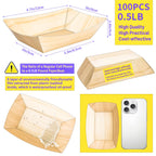MotBach 200 Pack Wood Grain 1/2Lb Paper Food Boat Trays Disposable Small Paper Boats Plates Containers, 0.5Lb Mini Kraft Food Serving Tray Boat Basket Bowl for Snack Fries Dessert Popcorn Taco Nacho