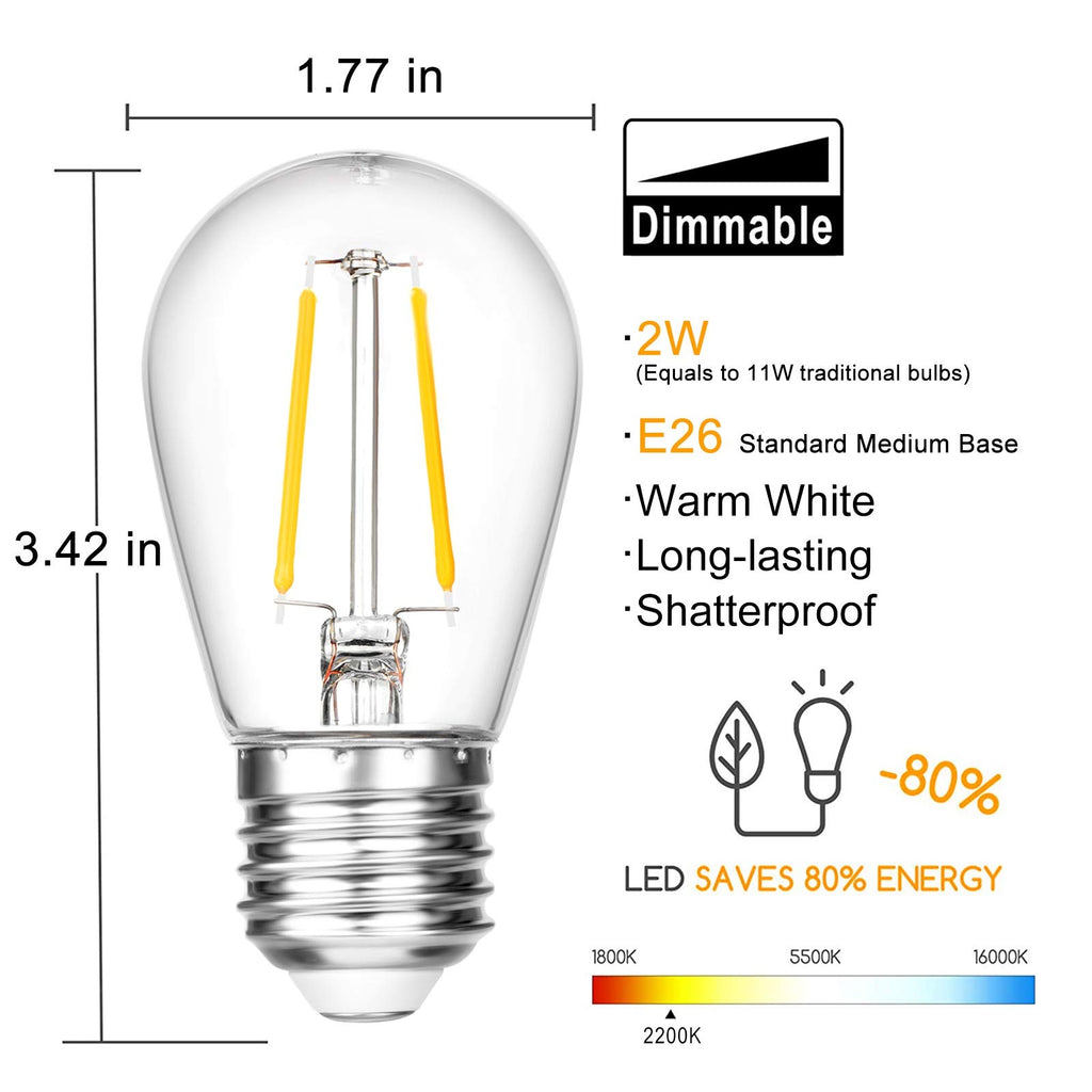 VISTERLITE 24 Pack Dimmable Shatterproof S14 LED Replacement Outdoor String Light Bulbs, 2200K 2W Plastic LED E26 Medium Screw Base Edison Bulbs Equivalent to 11-25 watt
