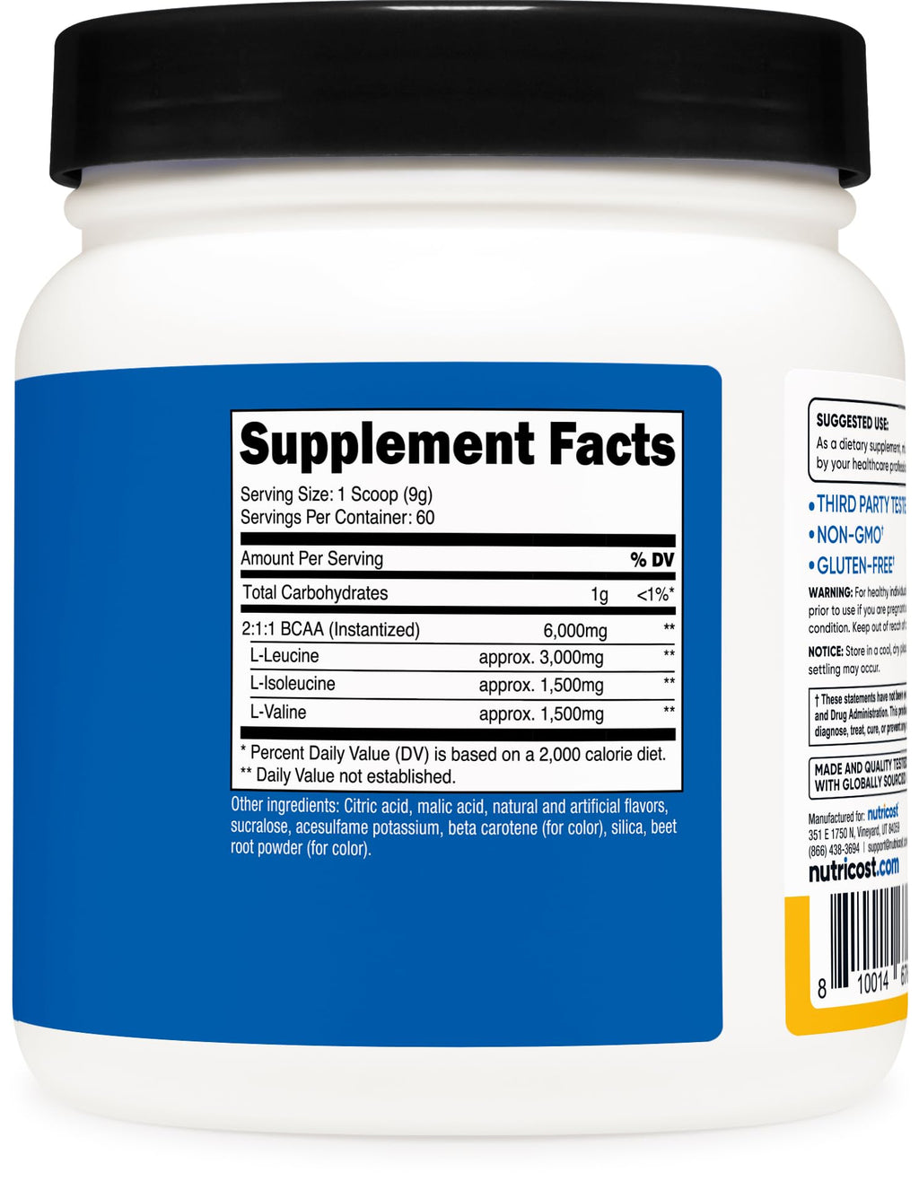 Nutricost BCAA Powder (Orange Mango, 60 Servings) - 2:1:1 Optimal Ratio, Gluten Free, Non-GMO, Vegetarian