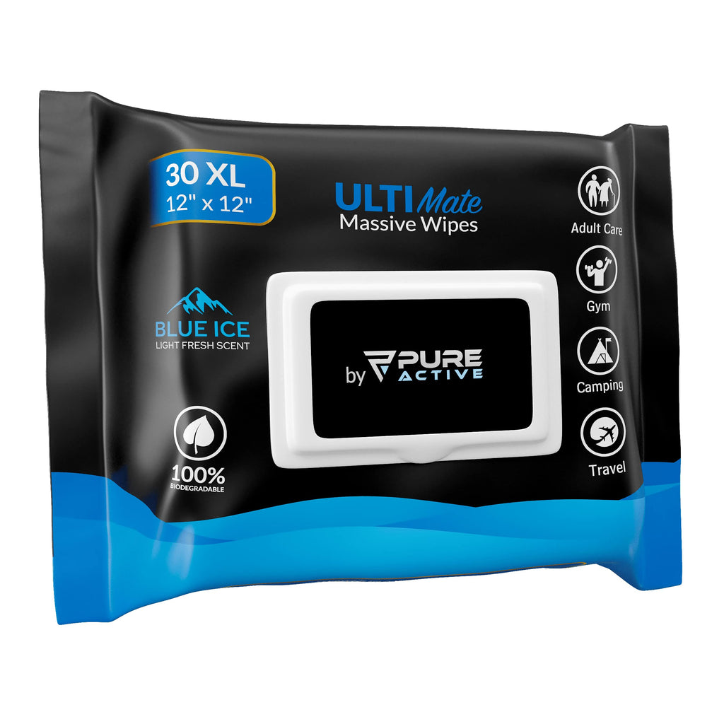 Pure Active XXL Body Wipes for Face and Body, Deodorizing Men's Shower Wipes for Camping, Travel, and After Workout, 12x12 Blue Ice Scented 30 Pack