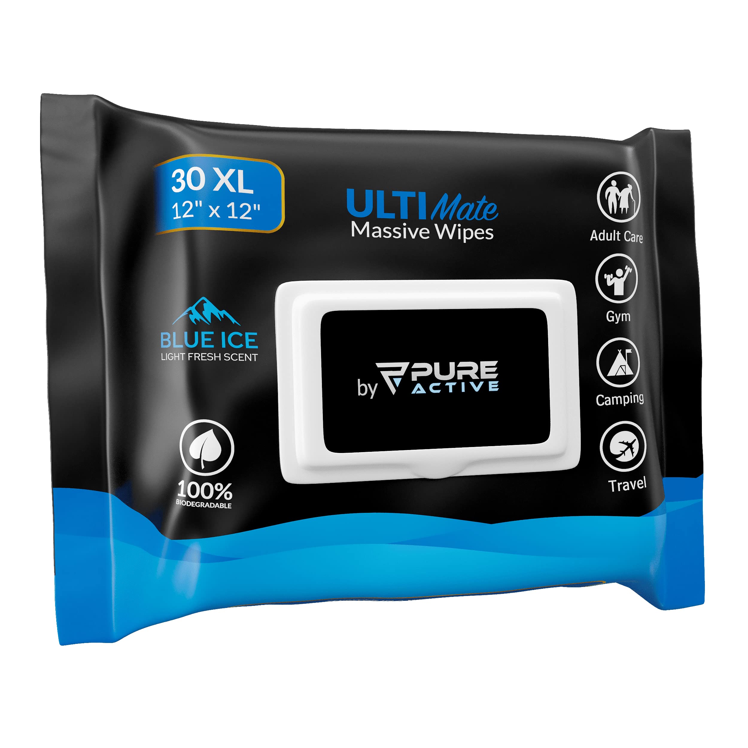 Pure Active XXL Body Wipes for Face and Body, Deodorizing Men's Shower Wipes for Camping, Travel, and After Workout, 12x12 Blue Ice Scented 30 Pack