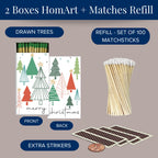 4" White Matches + 2 Boxes of HomArt Drawn Trees Designer Matchboxes + Extra Striker Stickers Included | 100 Classic White Tip Safety Matches with Decorative Matchboxes | Gifts by Thankful Greetings