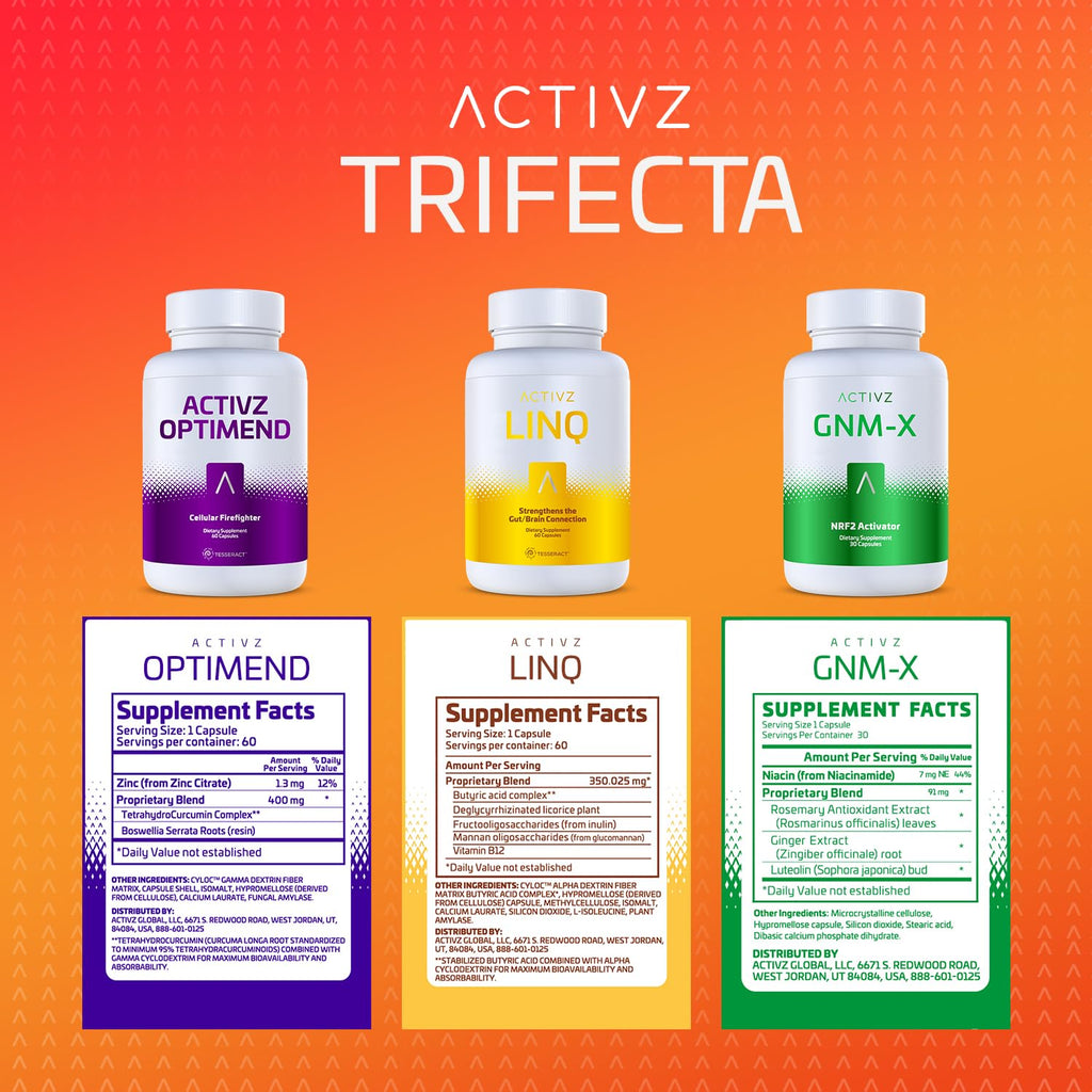 ACTIVZ - Trifecta - GNM-X, Optimend, LINQ - Supports Nrf2, Flexibility, Brain & Gut Function, Immune System, Skin & Cell Function - 3 Pack